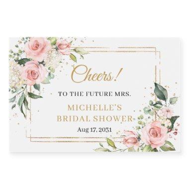 Elegant boho blush pink roses greenery gold frame sparkling wine label