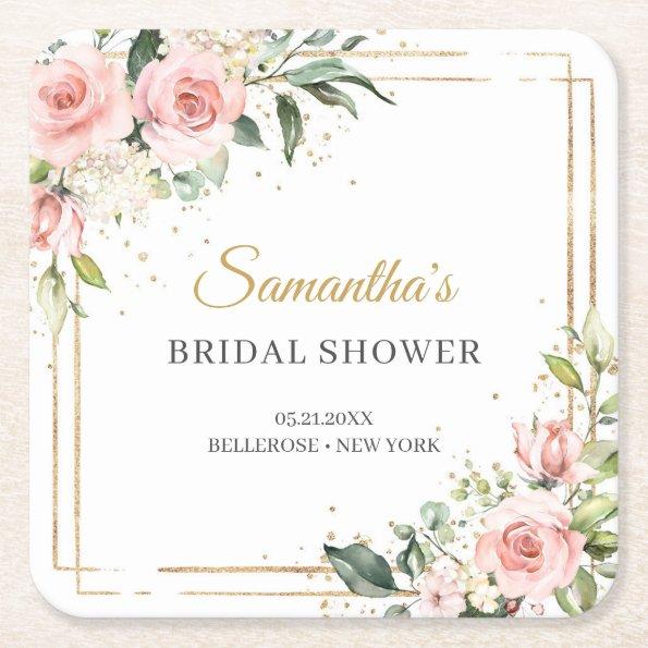 Elegant boho blush pink roses greenery gold frame square paper coaster