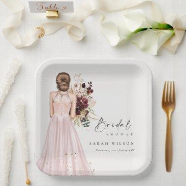 Elegant Boho Blush Wedding Gown Bridal Shower Paper Plates