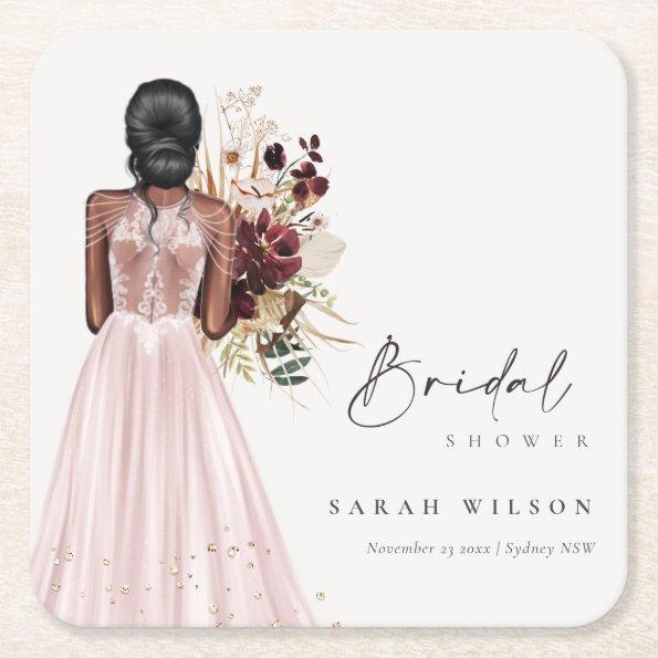 Elegant Boho Blush Wedding Gown Bridal Shower Square Paper Coaster
