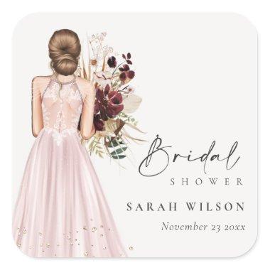 Elegant Boho Blush Wedding Gown Bridal Shower Square Sticker