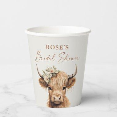 Elegant Boho Highland Cow Bridal Shower Paper Cups