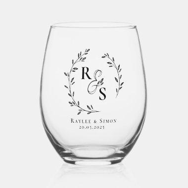 Elegant Boho Line Art Floral Wreath Monogrammed Stemless Wine Glass