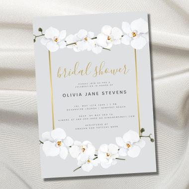 Elegant Boho Orchid Gold Frame Pearl Bridal Shower Invitations