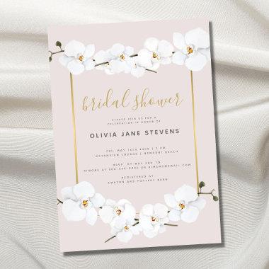 Elegant Boho Orchids Gold Frame Pink Bridal Shower Invitations