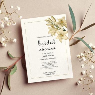 Elegant boho white gold floral lily Bridal Shower Invitations