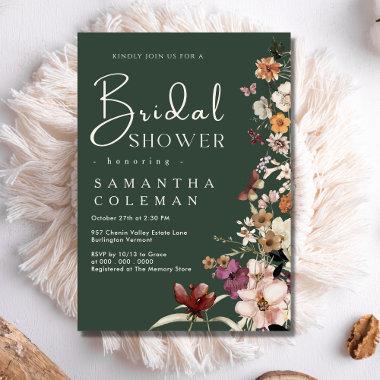 Elegant Boho Wildflower Dark Green Bridal Shower Invitations