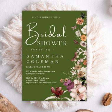 Elegant Boho Wildflower Moss Green Bridal Shower Invitations