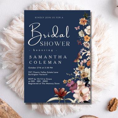 Elegant Boho Wildflower Navy Blue Bridal Shower Invitations