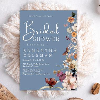 Elegant Boho Wildflower Periwinkle Bridal Shower Invitations