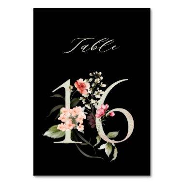 Elegant Botanical Floral Number 16, Black Table Number