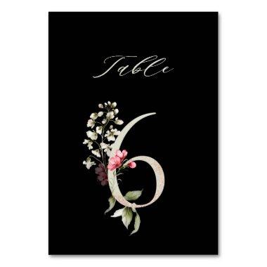 Elegant Botanical Floral Number 6, Black Table Number