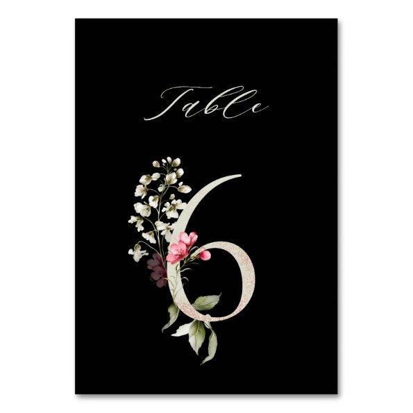 Elegant Botanical Floral Number 6, Black Table Number