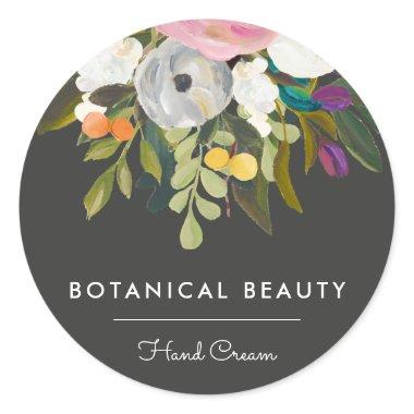 Elegant Botanical Floral Product Business | Black Classic Round Sticker