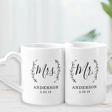 Elegant Botanical Mr. and Mrs. Newlyweds Coffee Mug Set