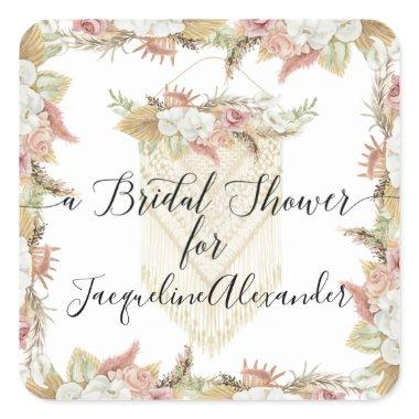 Elegant Botanical Pampas Greenery Floral Bridal Square Sticker