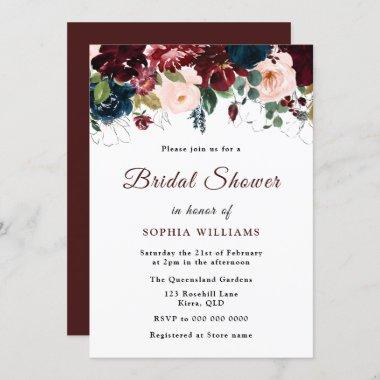 Elegant Bridal: Burgundy, Navy Blush Bridal Shower Invitations