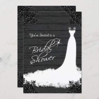 Elegant Bridal Gown on Rustic Black Wood Invitations