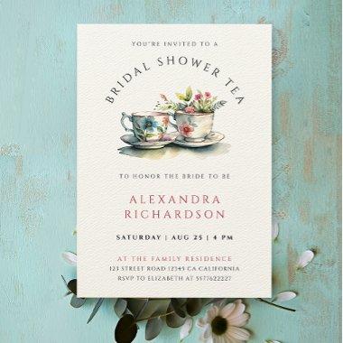 Elegant Bridal Shower Botanical Tea Watercolor Invitations