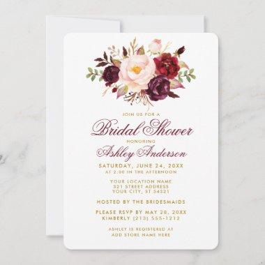 Elegant Bridal Shower Burgundy Floral Gold Invite