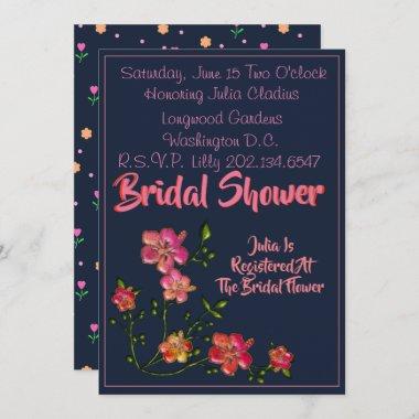 Elegant Bridal Shower Invitations In Navy & Coral