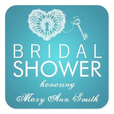 Elegant Bridal Shower Key To My Heart Turquoise Square Sticker