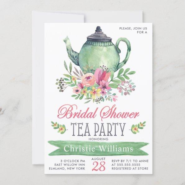 Elegant Bridal Shower Tea Party Floral Watercolor Invitations
