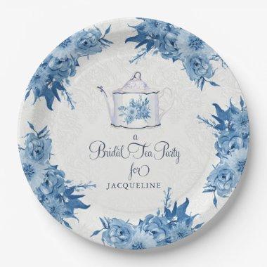 Elegant Bridal Shower Tea Party Navy Blue Flowers Paper Plates