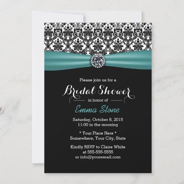 Elegant Bridal Shower Teal Ribbon Damask Diamond Invitations