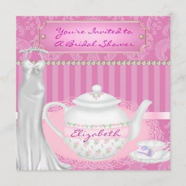 Elegant Bridal Shower Teapot & Teacup Damask Invit Invitations