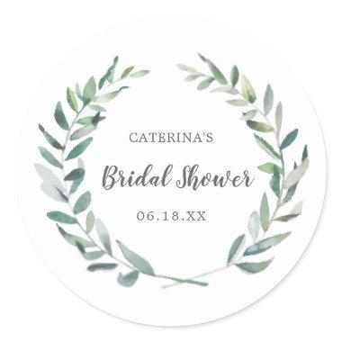 Elegant Bridal Shower Watercolor Greenery Wreath Classic Round Sticker