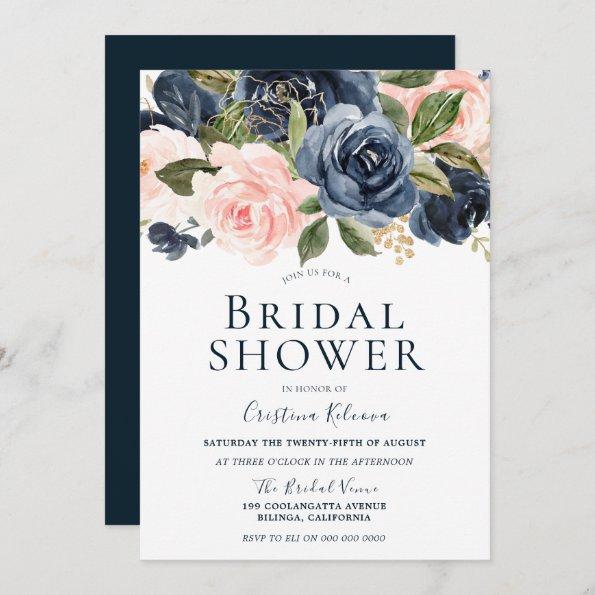 Elegant Bride Navy & Blush Beautiful Bridal Shower Invitations