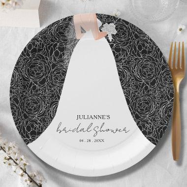 Elegant Bride on Black Bridal Shower Paper Plates