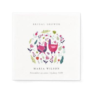 Elegant Bright Folk Farm Floral Bird  Napkins