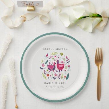 Elegant Bright Folk Farm Floral Bird  Paper Plates