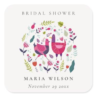 Elegant Bright Folk Farm Floral Bird Bridal Shower Square Sticker