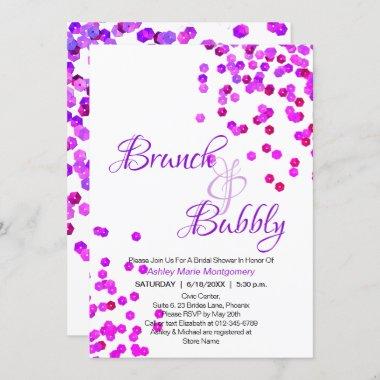 Elegant Brunch Bubbly Bridal Shower Purple Sequins Invitations