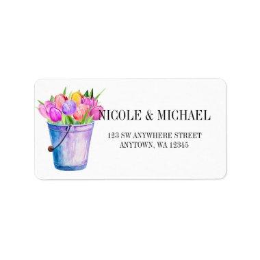 Elegant bucket full of watercolor tulips wedding label