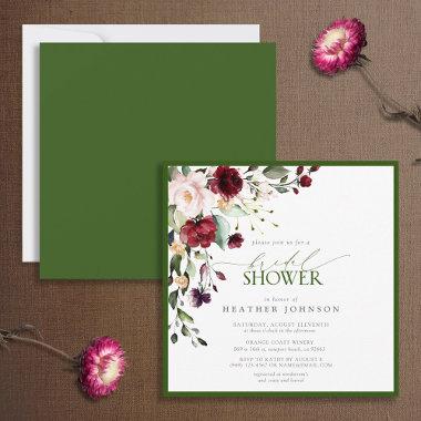 Elegant Burgundy Emerald Green Floral Watercolor  Invitations