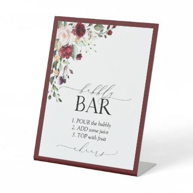 Elegant Burgundy Floral Bridal Shower Bubbly Bar Pedestal Sign