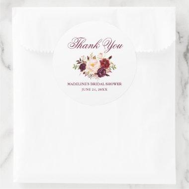 Elegant Burgundy Floral Bridal Shower Classic Round Sticker