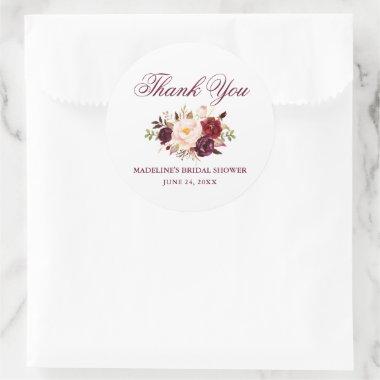 Elegant Burgundy Floral Bridal Shower Classic Round Sticker