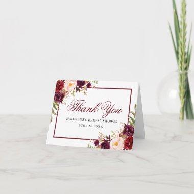Elegant Burgundy Floral Bridal Shower Note Thank You Invitations