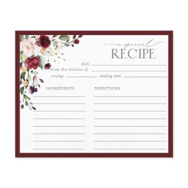 Elegant Burgundy Floral Bridal Shower Recipe Invitations