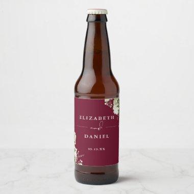 Elegant Burgundy Floral Greenery Wedding Beer Bottle Label