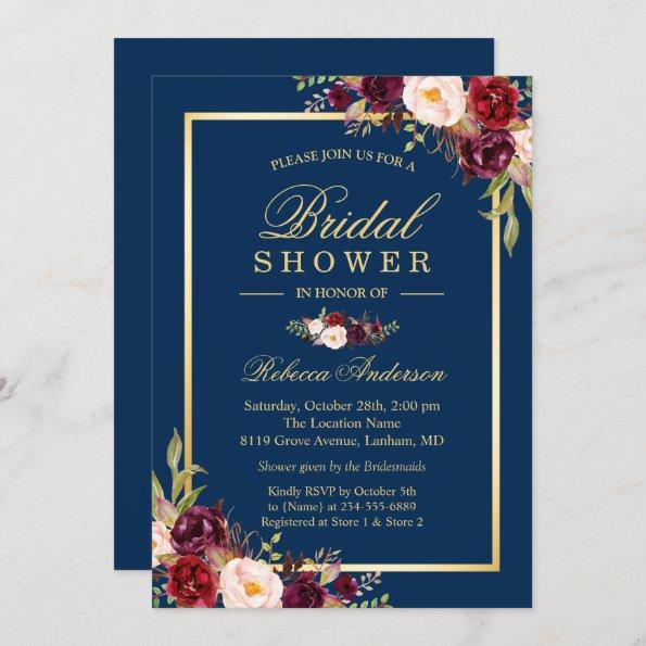 Elegant Burgundy Floral Navy Blue Bridal Shower Invitations