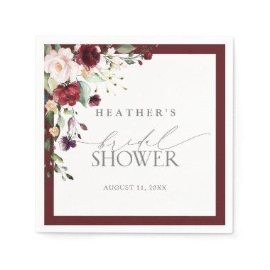 Elegant Burgundy Floral Watercolor Bridal Shower Napkins