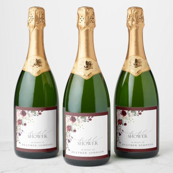 Elegant Burgundy Floral Watercolor Bridal Shower Sparkling Wine Label