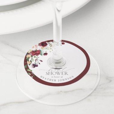 Elegant Burgundy Floral Watercolor Bridal Shower Wine Glass Tag