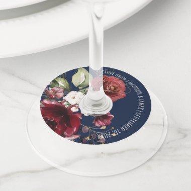Elegant Burgundy Floral Wedding Personalized Wine Glass Tag
